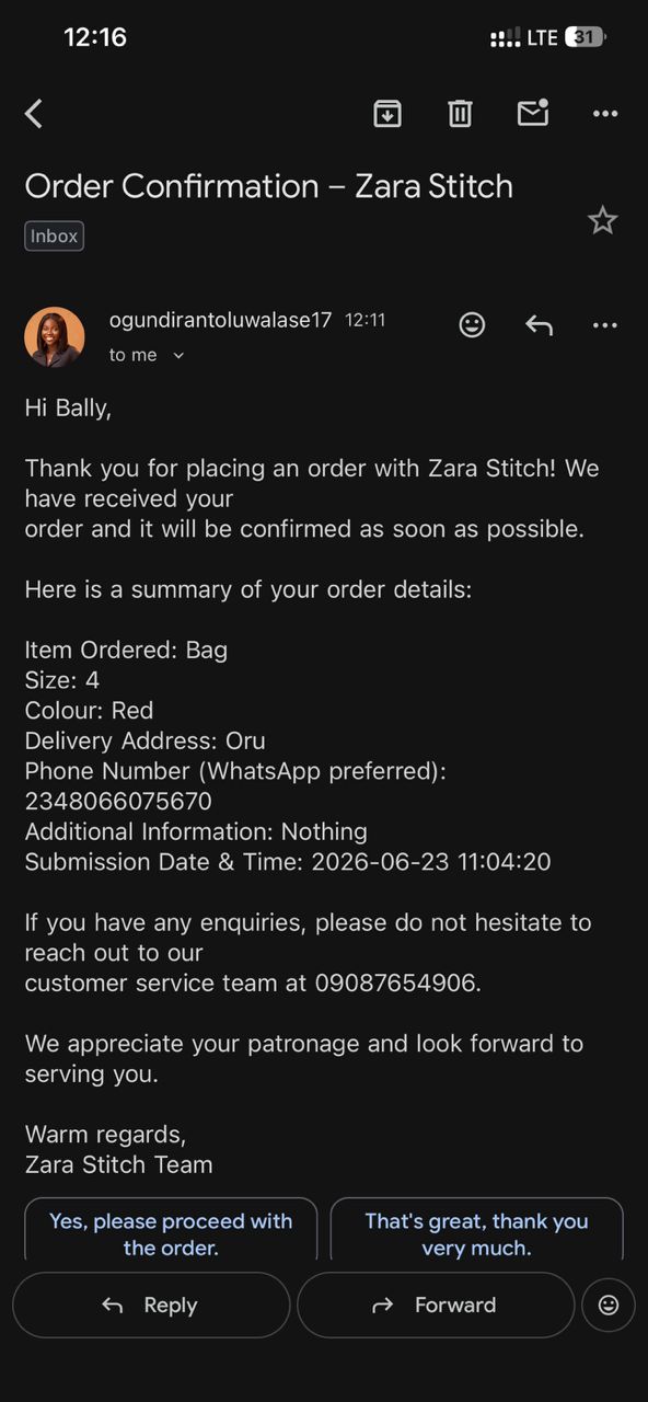 Order confirmation email