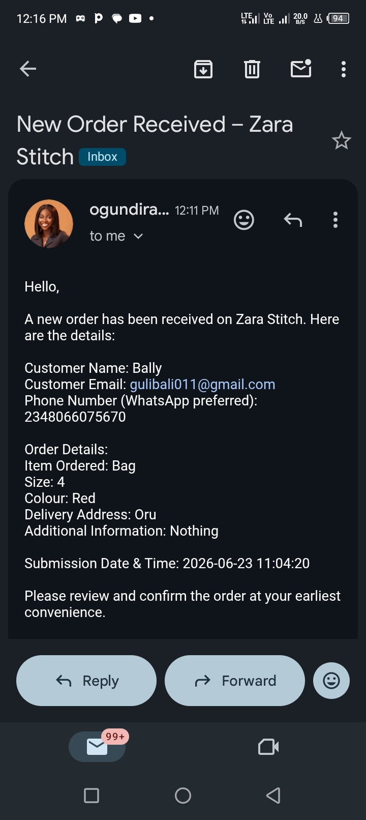 Order notification sent to business owner