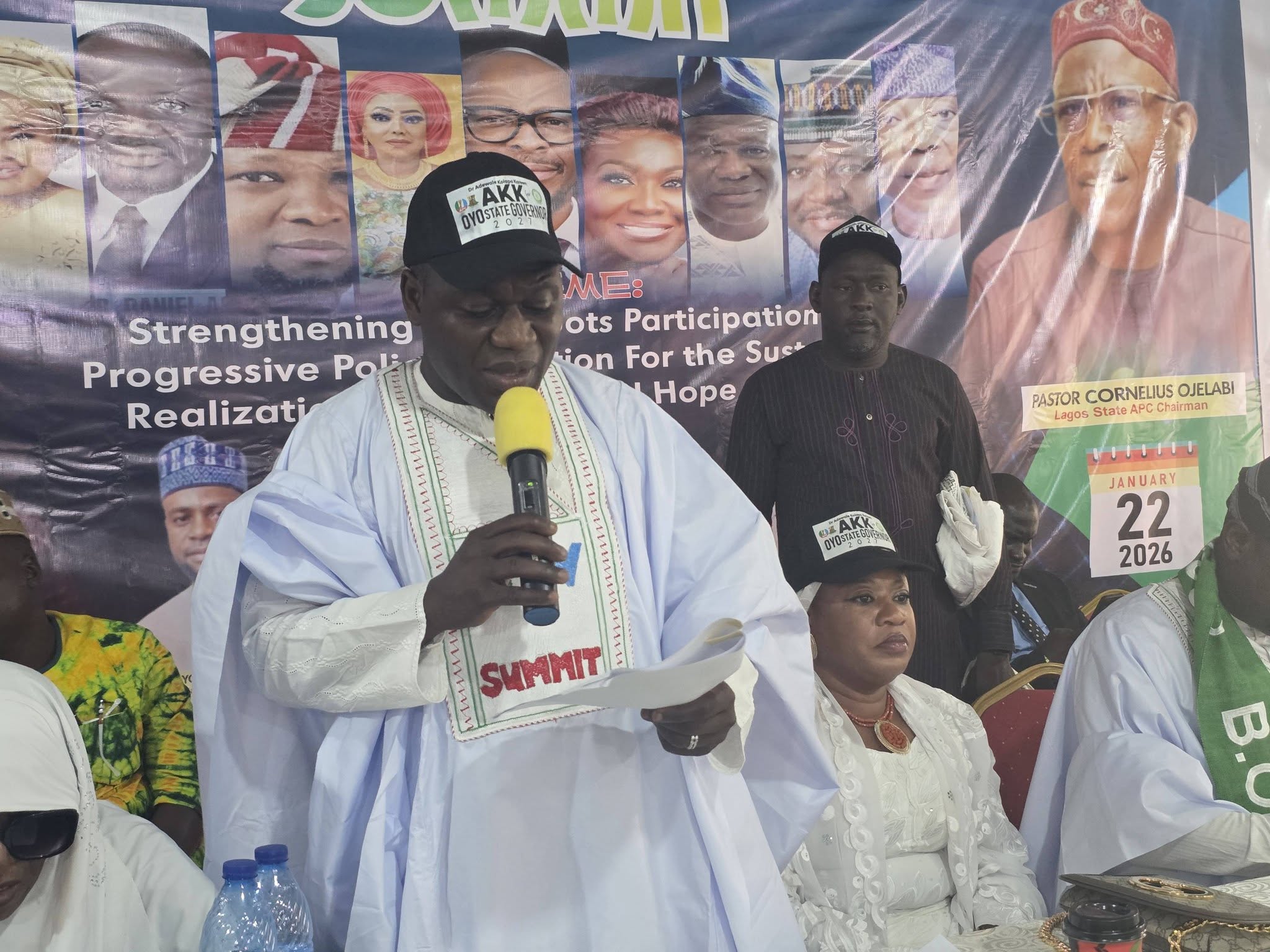 2027: Oyo State Guber Hopeful, Dr. Adewale Kolapo Kareem (AKK) at the Progressive Youth Ambassadors PYA South West Summit in Lagos Ikoyi today 22nd of Jan 2026, presented His Speech as the event Chairman.
