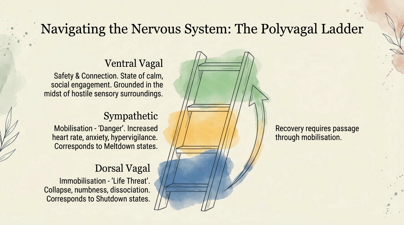 Polyvagal Ladder illustrating the three autonomic nervous system zones and their connection to burnout