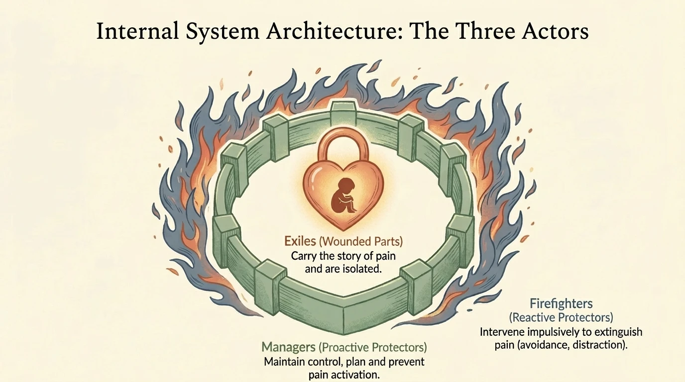 IFS inner system architecture - heart with lock (exile), fire wall (firefighter), protective wall (manager)