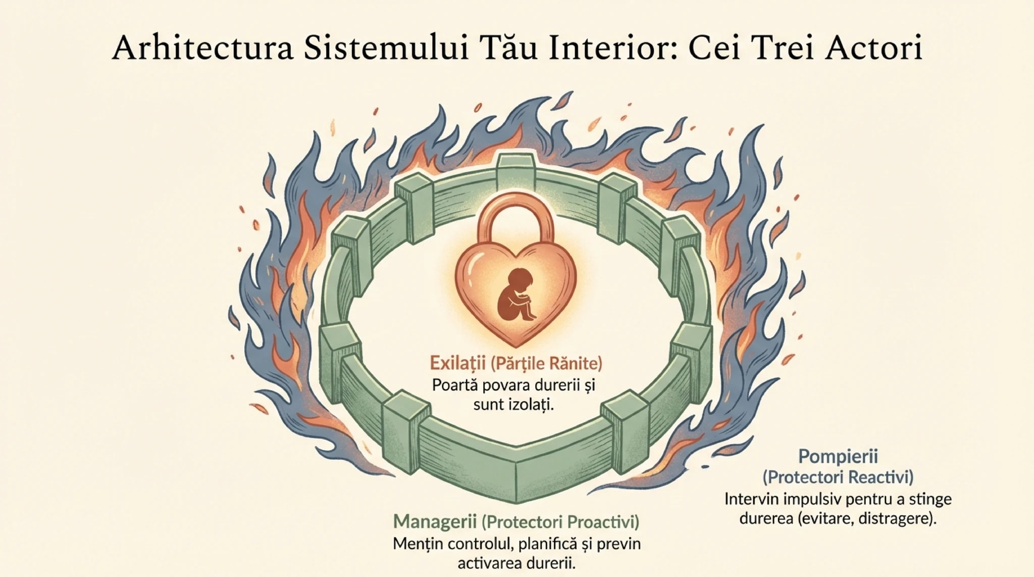 Arhitectura sistemului interior IFS - inima cu lacat (exilat), zidul de foc (pompier), zidul protector (manager)
