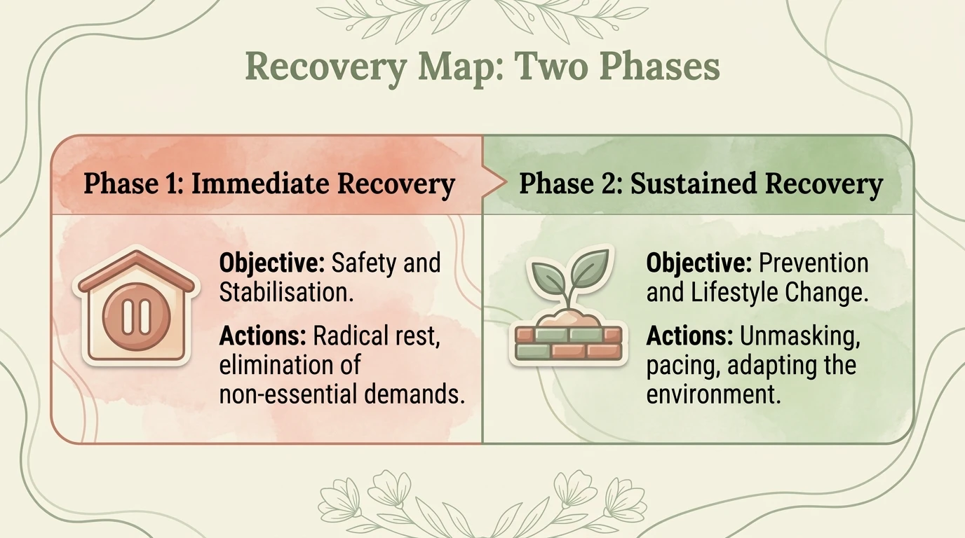 Recovery map in two phases: immediate recovery and sustained recovery with objectives and actions
