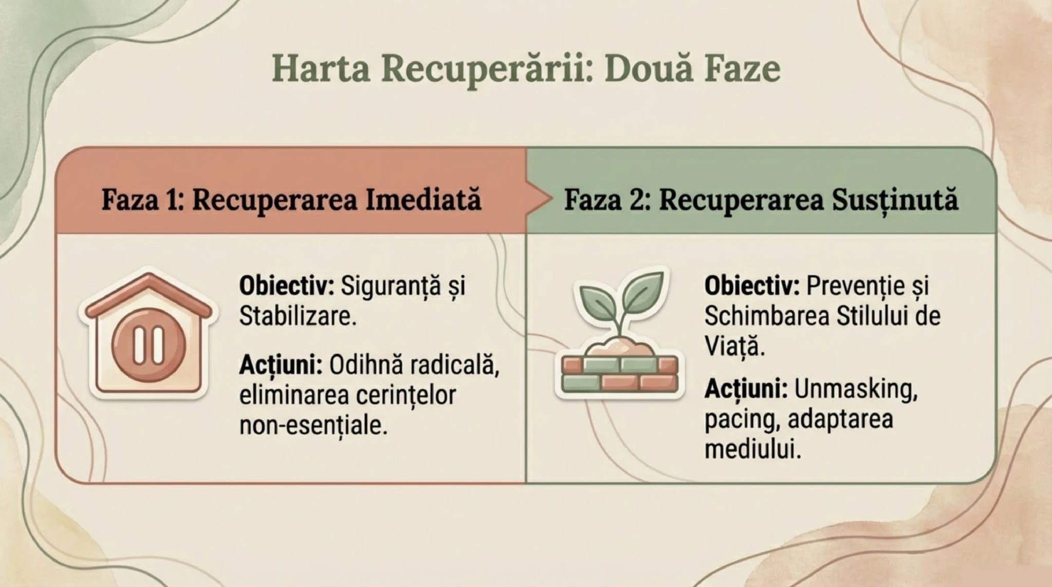 Harta Recuperării din Burnout Neurodivergent — cele patru faze: Stabilizare, Restabilire, Reconstrucție, Reintegrare
