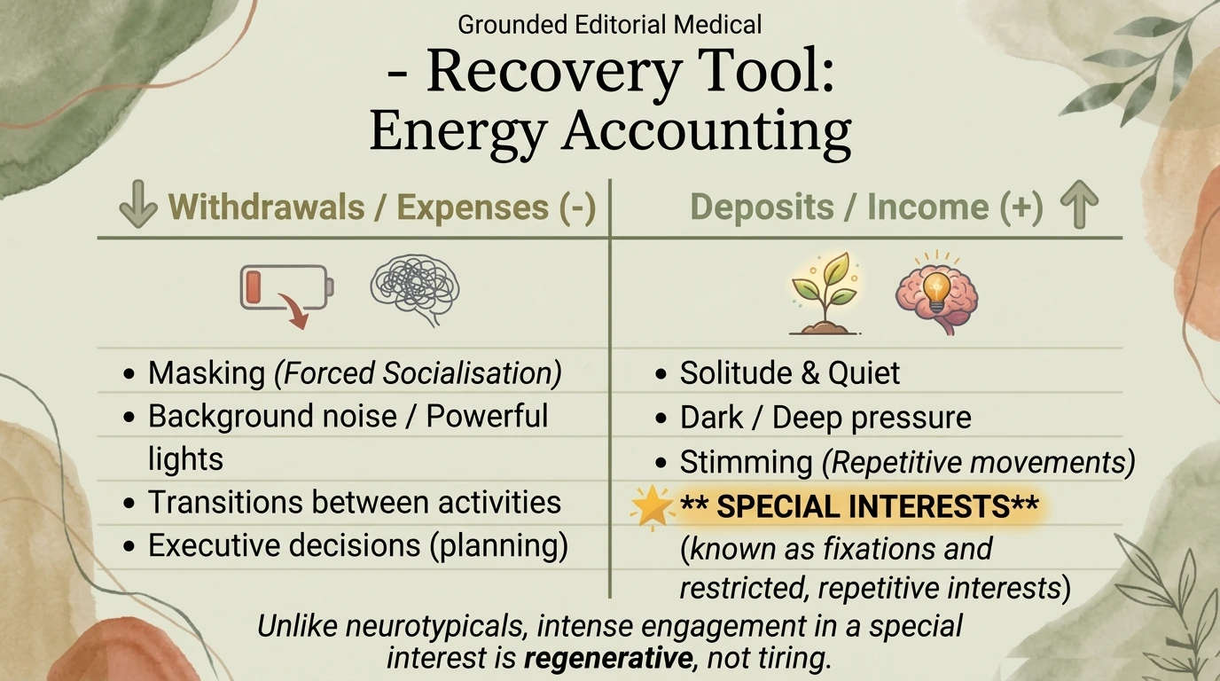 Energy accounting - expenses (masking, sensory, social) versus income (stimming, interests, rest)