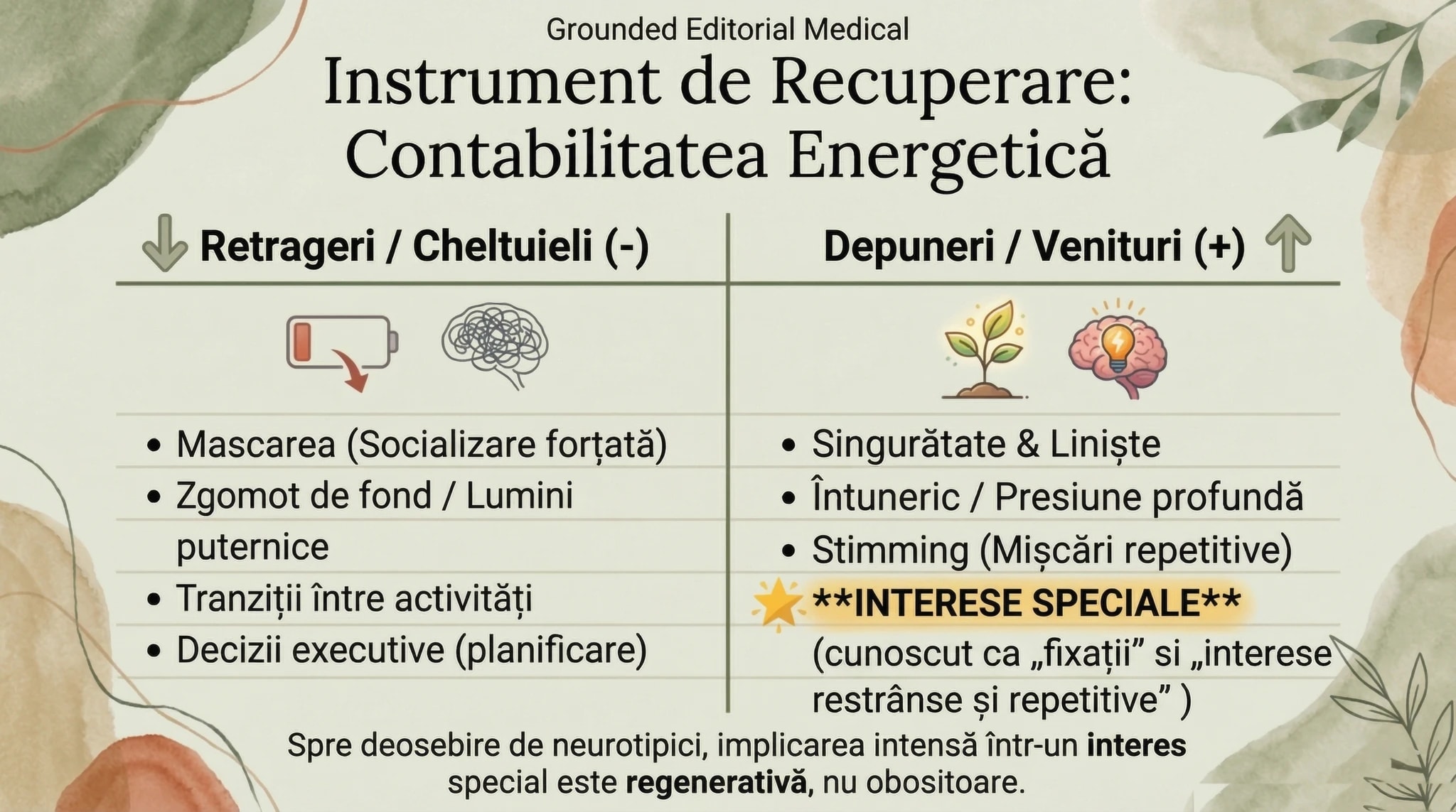 Contabilitatea energetica - cheltuieli (mascare, senzorial, social) versus venituri (stimming, interese, odihna)
