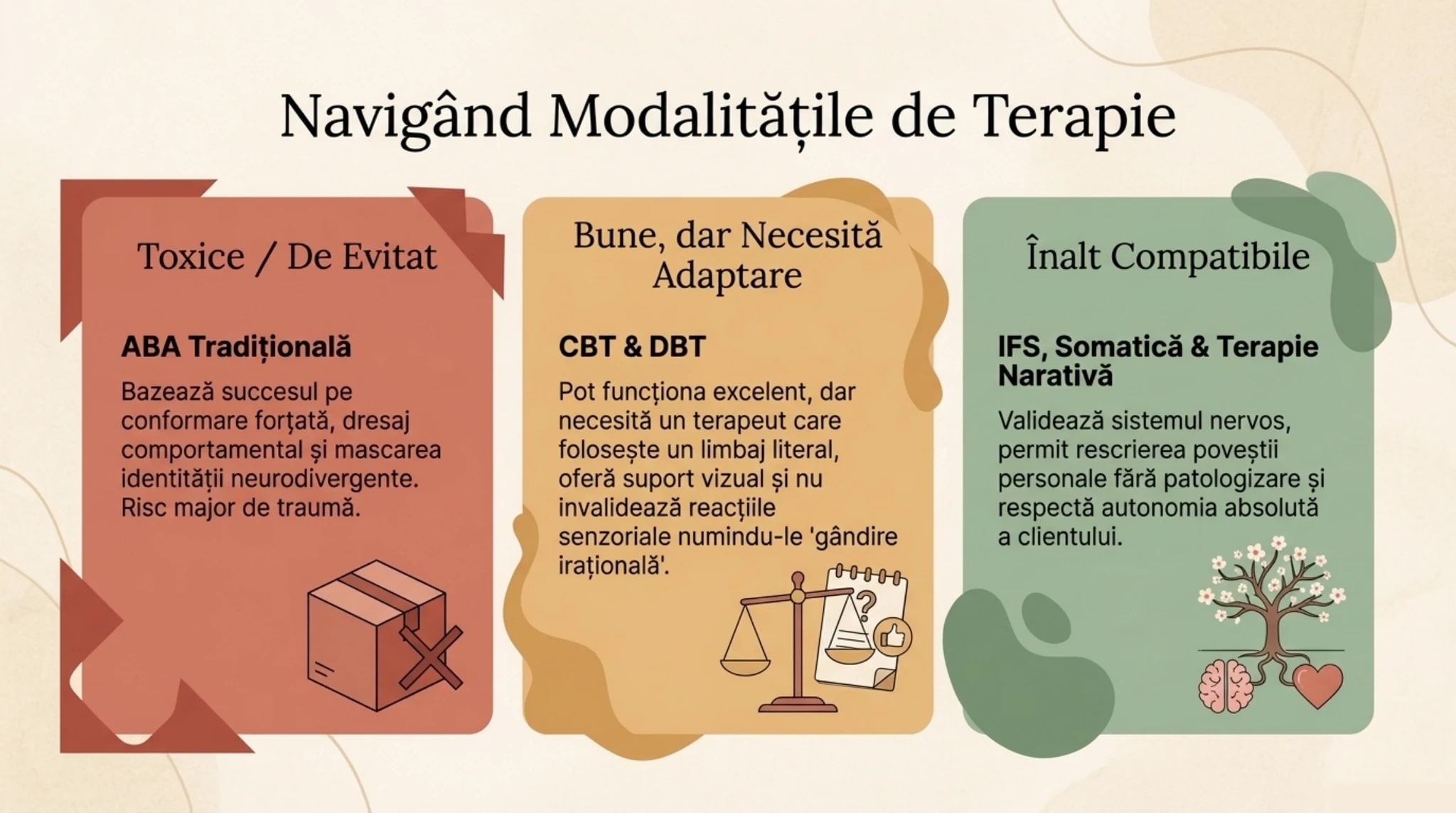 Navigand modalitatile de terapie - categorii de abordari recomandate versus toxice pentru persoane neurodivergente