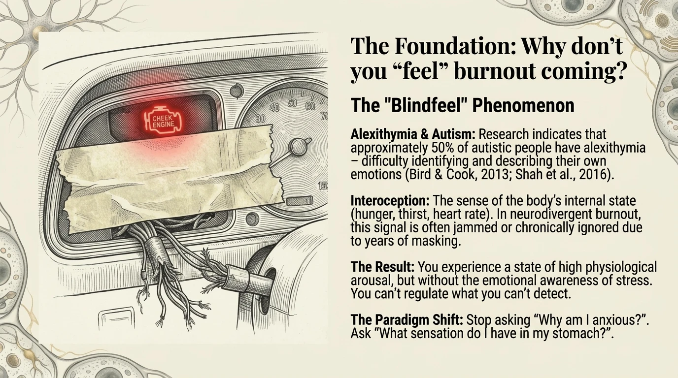 Blindfeel - car dashboard without instruments representing absent interoception in neurodivergent burnout