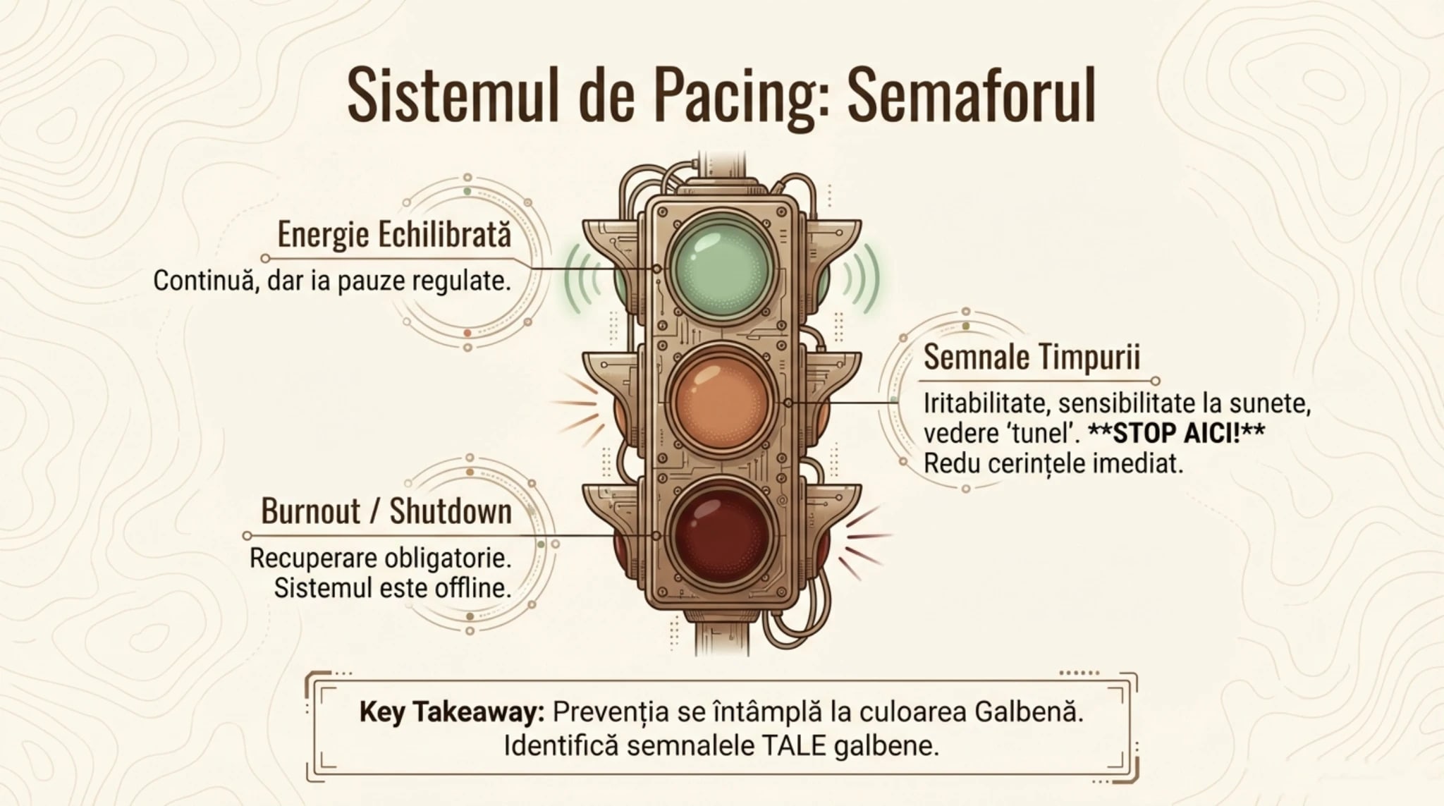 Sistemul semaforului pentru pacing - trei stari verde galben rosu cu strategii per nivel de energie