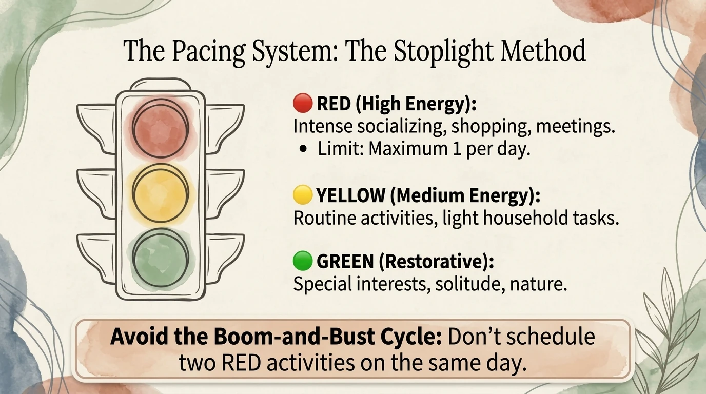 The Pacing System stoplight method - red yellow green energy levels with strategies to avoid the boom-and-bust cycle