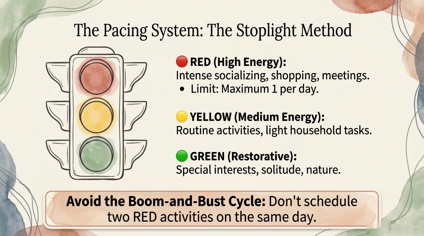 Sistemul semaforului pentru pacing - rosu galben verde cu strategii per nivel de energie si evitarea ciclului boom-and-bust