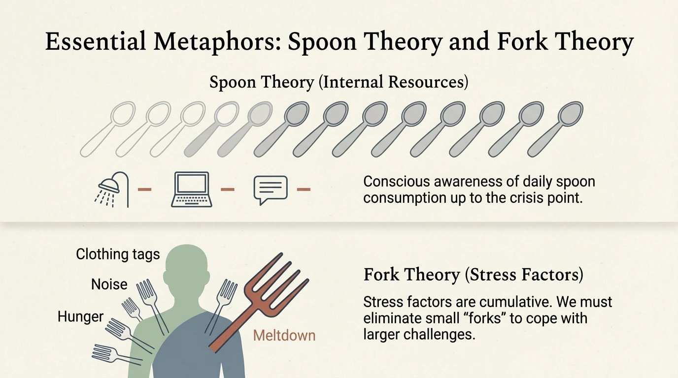 Essential metaphors - Spoon Theory for internal resources and Fork Theory for cumulative stress factors