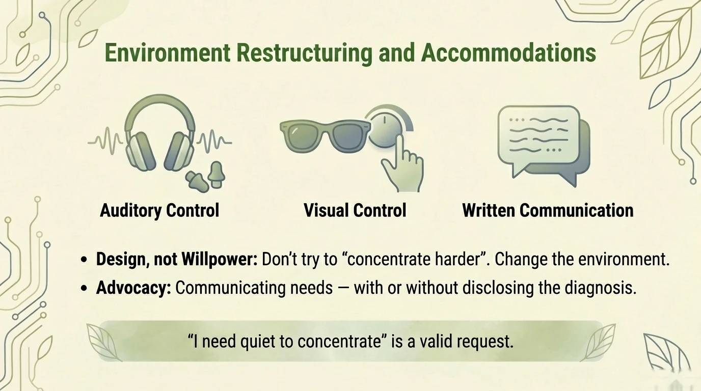 Environmental restructuring and accommodations - auditory visual and tactile workspace control
