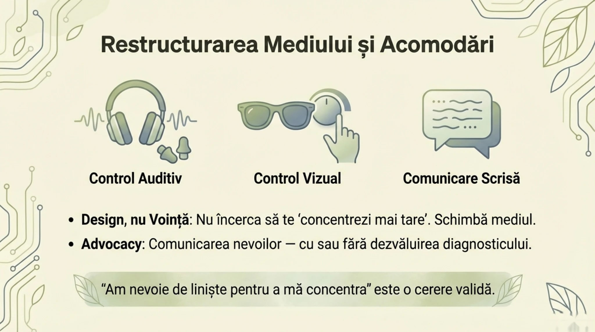 Restructurarea mediului si acomodari - control auditiv vizual si tactil pentru spatiul de lucru