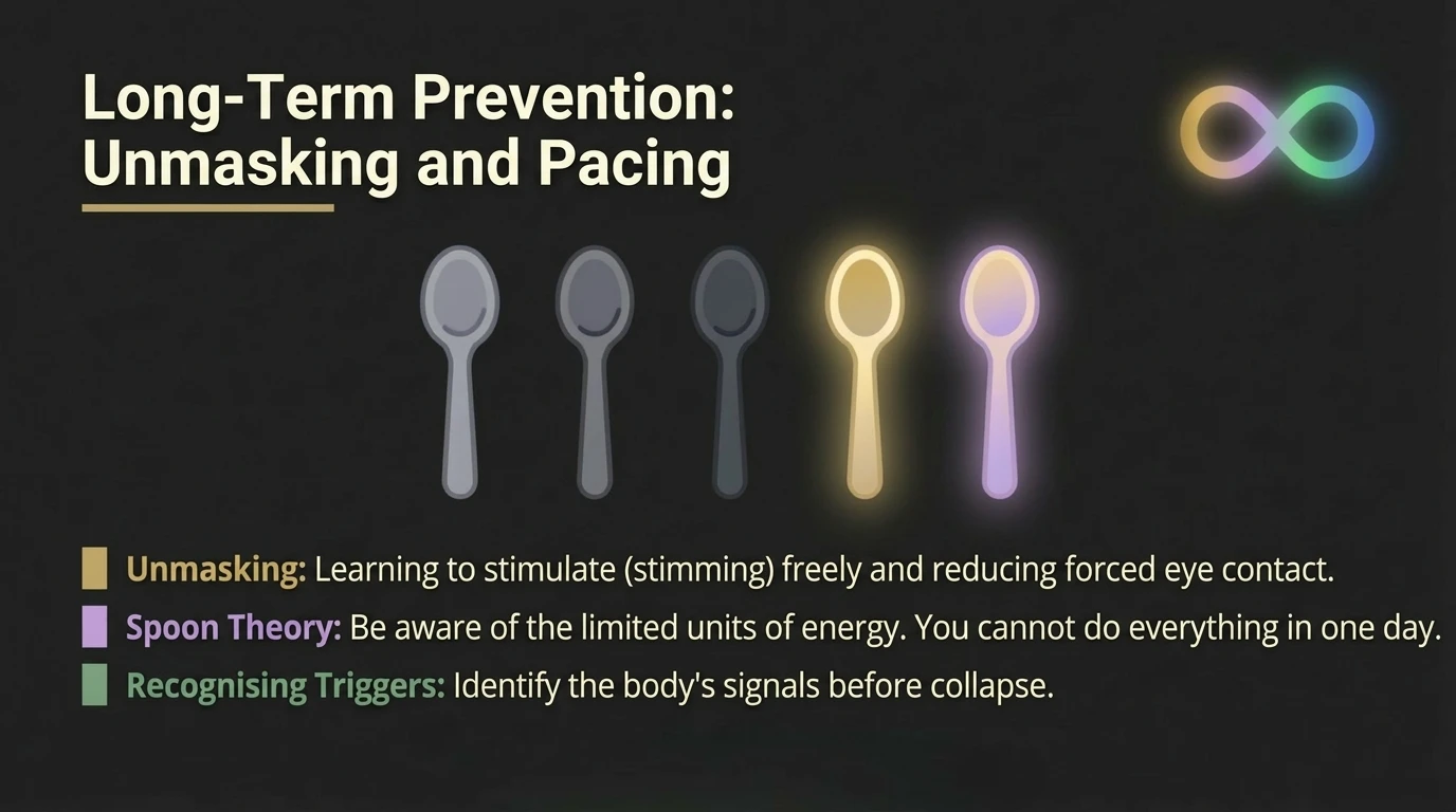 Long-term prevention through unmasking and pacing - five spoons representing spoon theory and unmasking