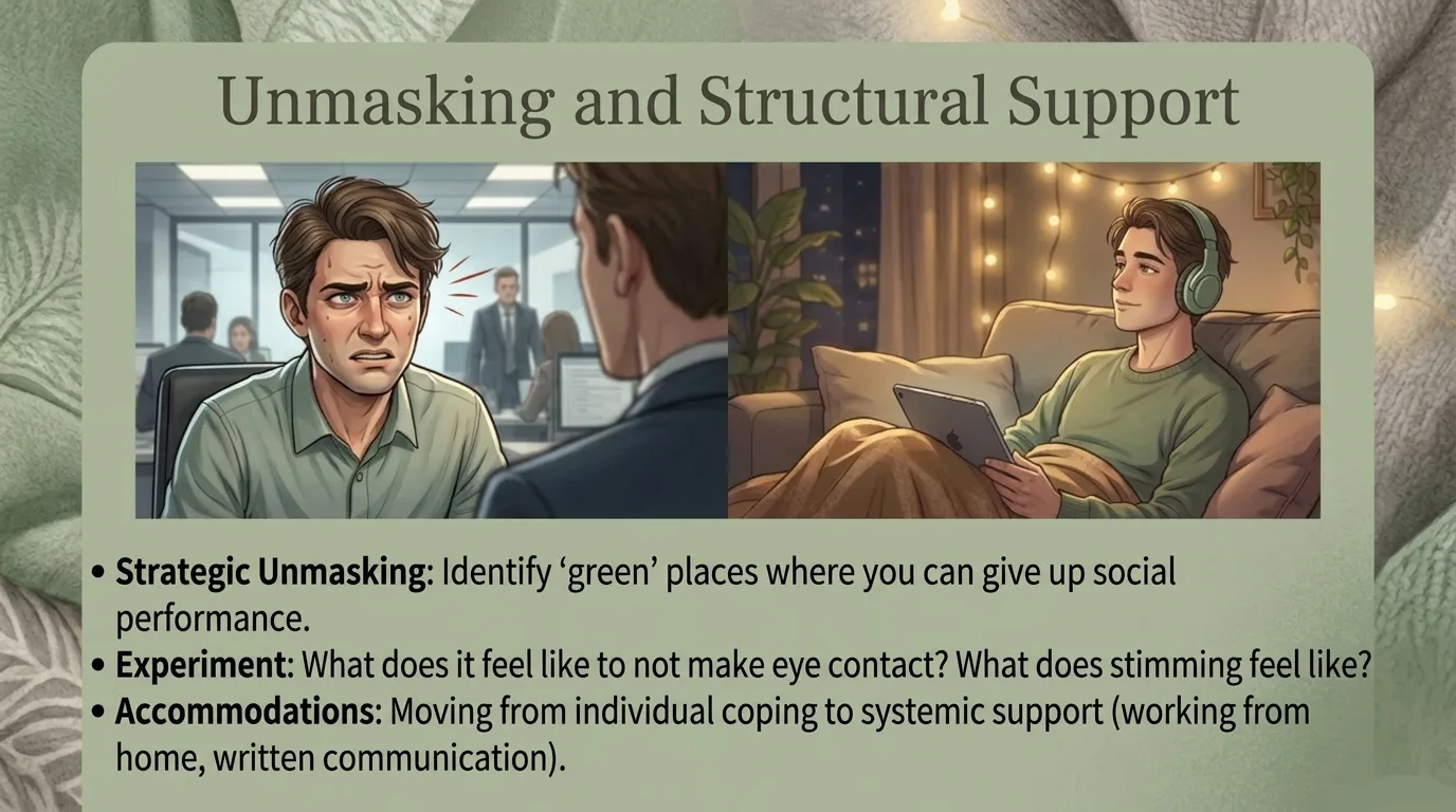Unmasking and structural support - contrast of stressed man at office versus relaxed at home unmasked