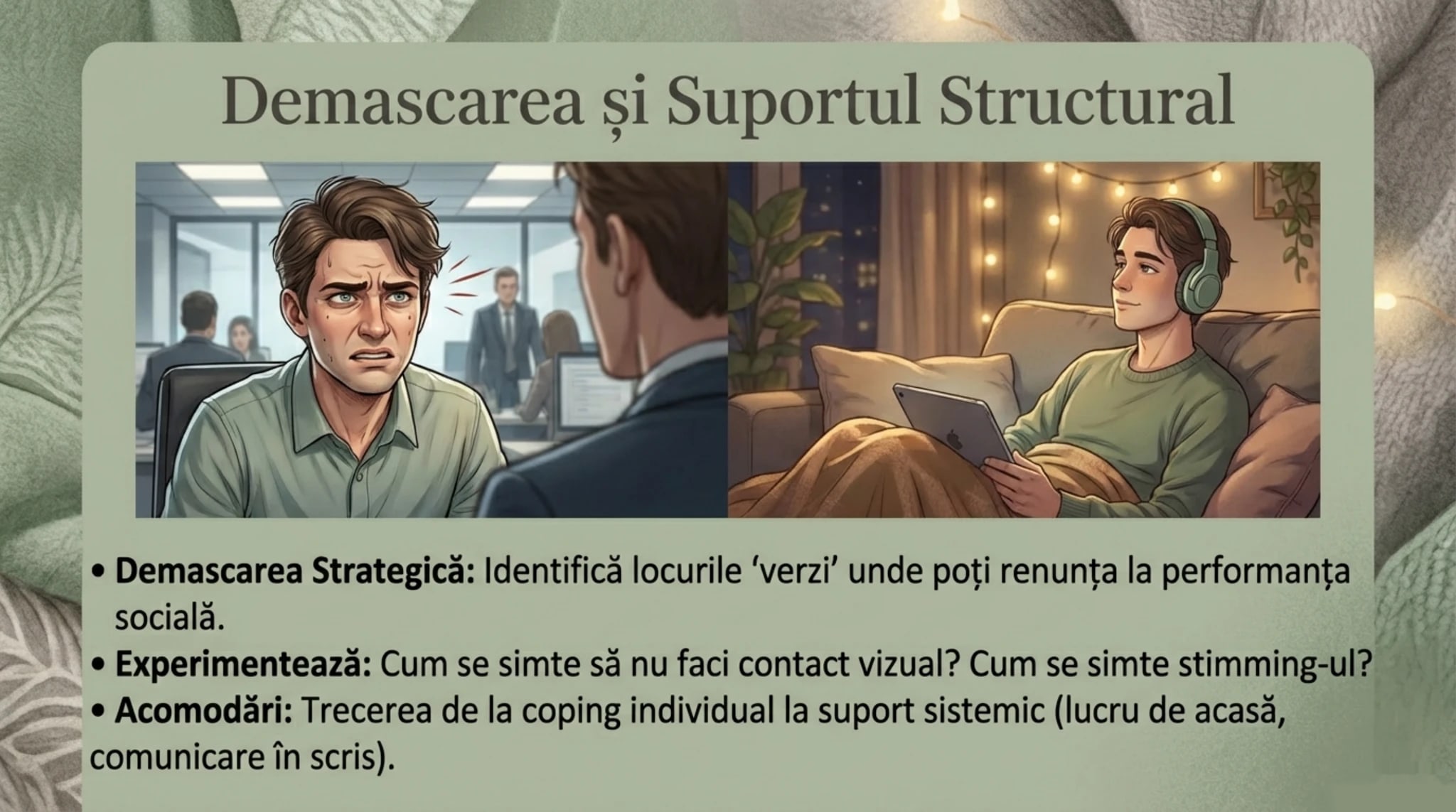 Demascarea si suportul structural - contrast barbat stresat la birou versus relaxat acasa fara masca