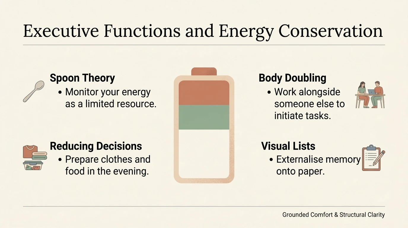 Executive functions and energy conservation - Spoon Theory Body Doubling and practical strategies