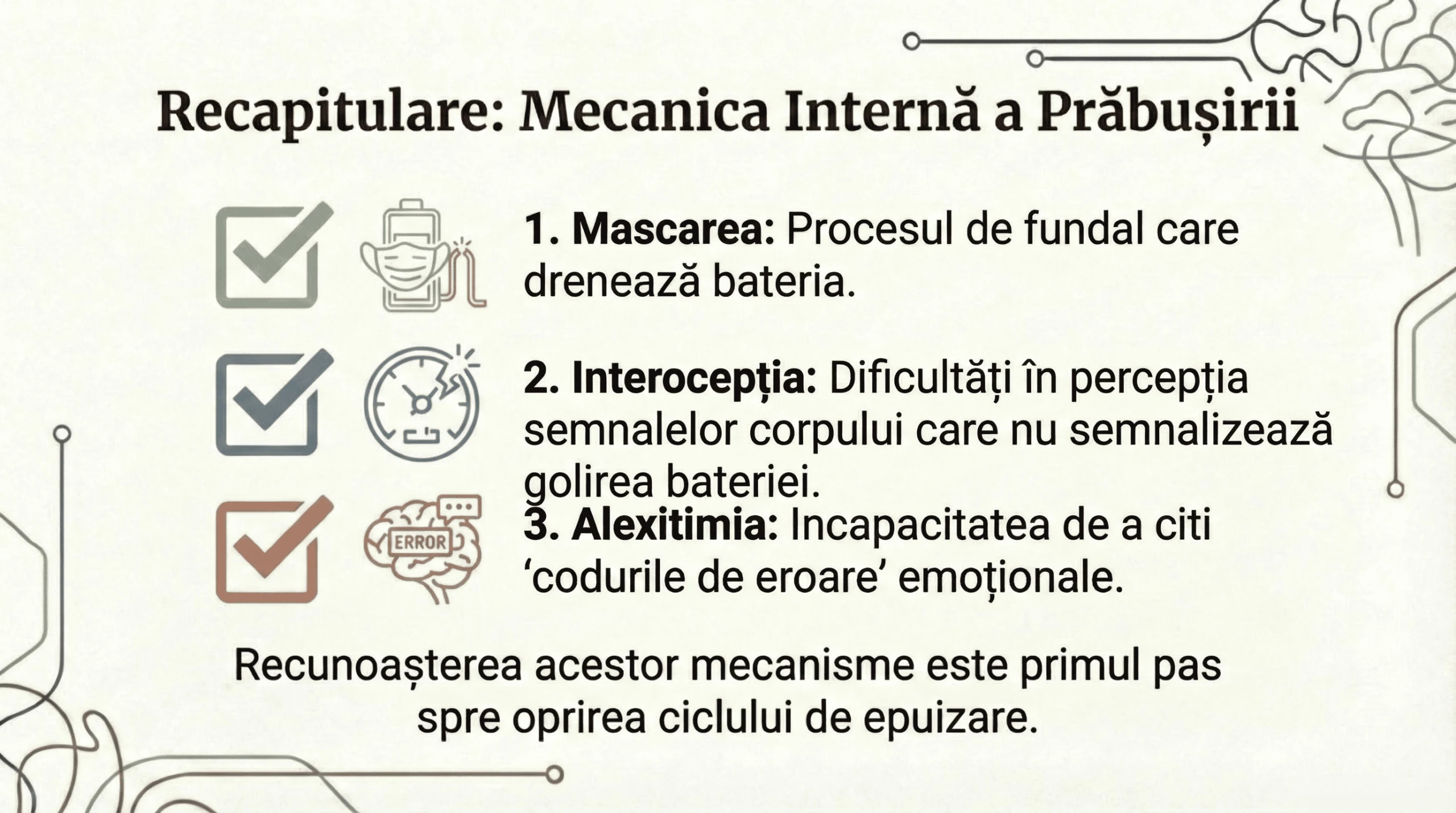 Recapitulare: mecanica internă a prăbușirii — interocepție, alexitimie, mascare