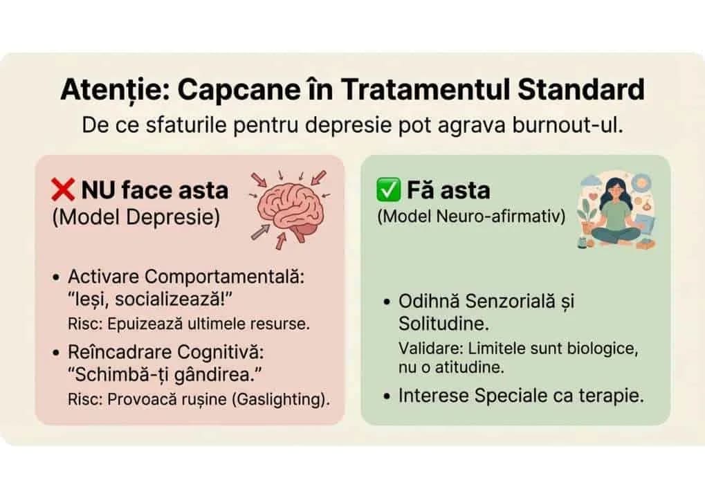 Ghid vizual Do si Don't: Modelul Depresiei (presiune de socializare, exercitii intense) vs. Modelul Neuroafirmativ (odihna senzoriala, validare, interese speciale)