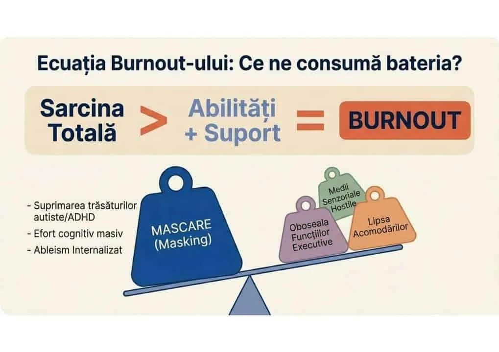 Ecuatia Burnout-ului — reprezentare vizuala a factorilor care consuma bateria interna: mascare, oboseala executiva, suprasolicitare senzoriala, nevoi minimizate