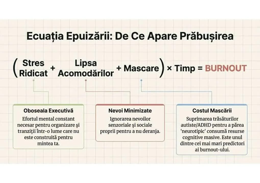 Formula burnout-ului: (Stres Ridicat + Lipsa Acomodarilor + Mascare) x Timp = Burnout — demonstrand ca epuizarea este un rezultat matematic, nu o slabiciune