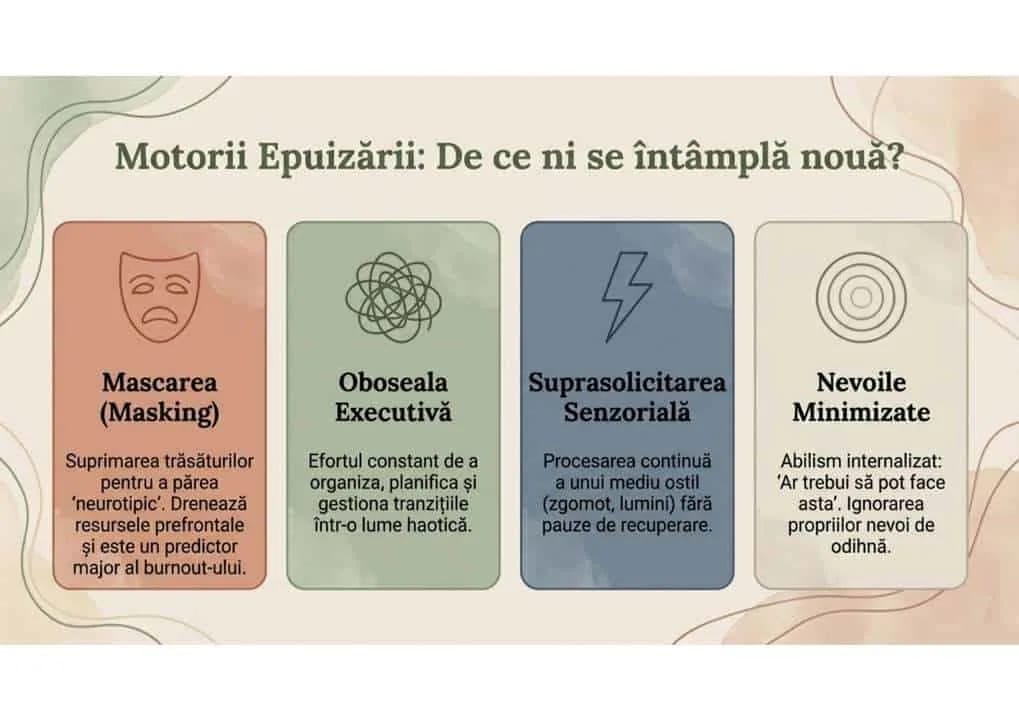 Cei patru piloni ai epuizarii: mascarea (resurse prefrontale), oboseala executiva, suprasolicitarea senzoriala si nevoile minimizate prin abilism internalizat