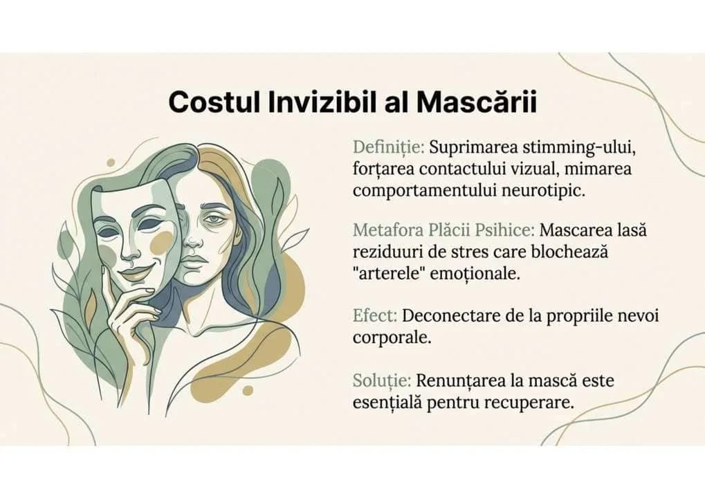 Costul mascarii: suprimarea stimming-ului, fortarea contactului vizual, metafora placii psihice — dublu efect de consum energetic si blocare a autoreglarii