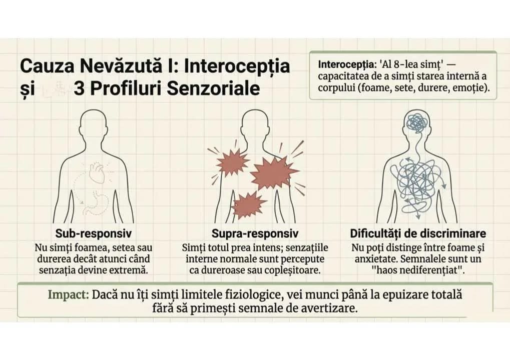 Detalierea celor trei profiluri interoceptive: hiposensibil (semnale pe mut), hipersensibil (alerta cronica), dificultati de discriminare (confuzie senzoriala)