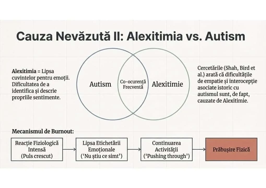 Diagrama relatiei dintre alexitimie si autism — lantul burnout-ului: reactie fiziologica intensa, lipsa eticatarii emotionale, pushing through, prabusire