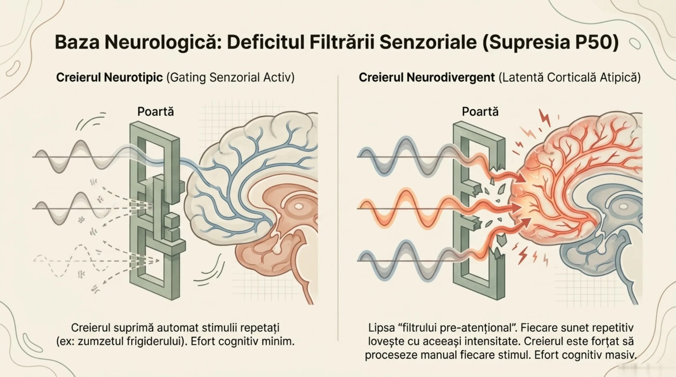 Baza neurologică a diferențelor de filtrare senzorială — creierul neurotipic cu poarta senzoriala activa (gating P50) vs creierul neurodivergent cu poarta deschisa si latenta corticala atipica