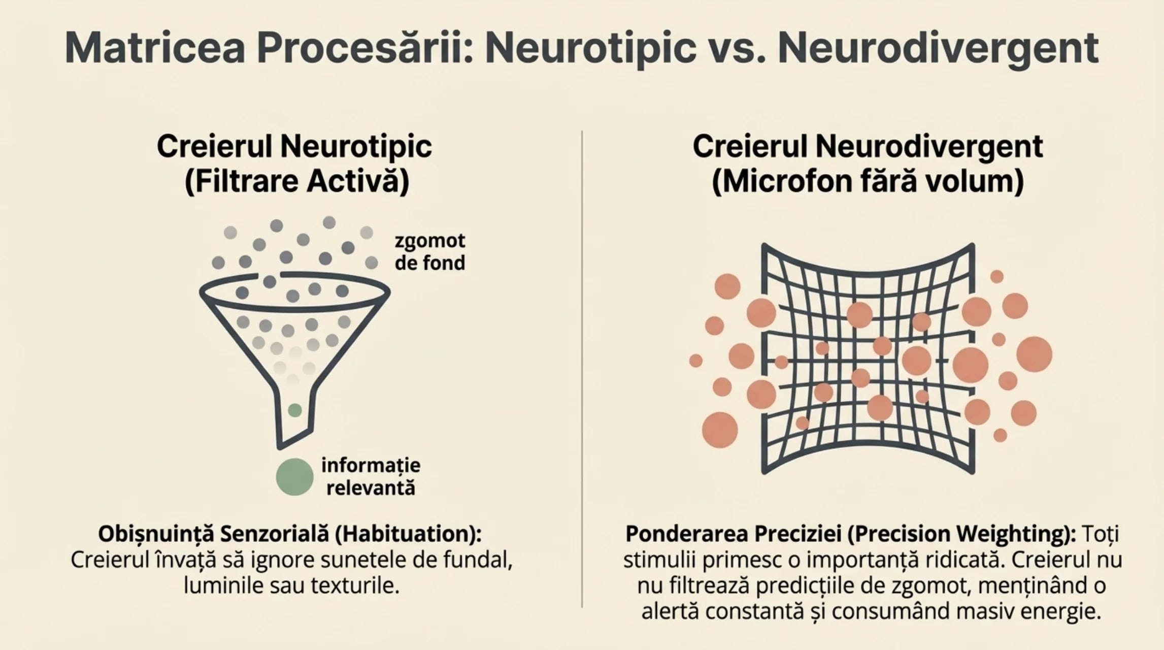 Matricea procesarii senzoriale — creierul neurotipic ca o palnie care filtreaza vs creierul neurodivergent ca o plasa care primeste totul cu pondere egala