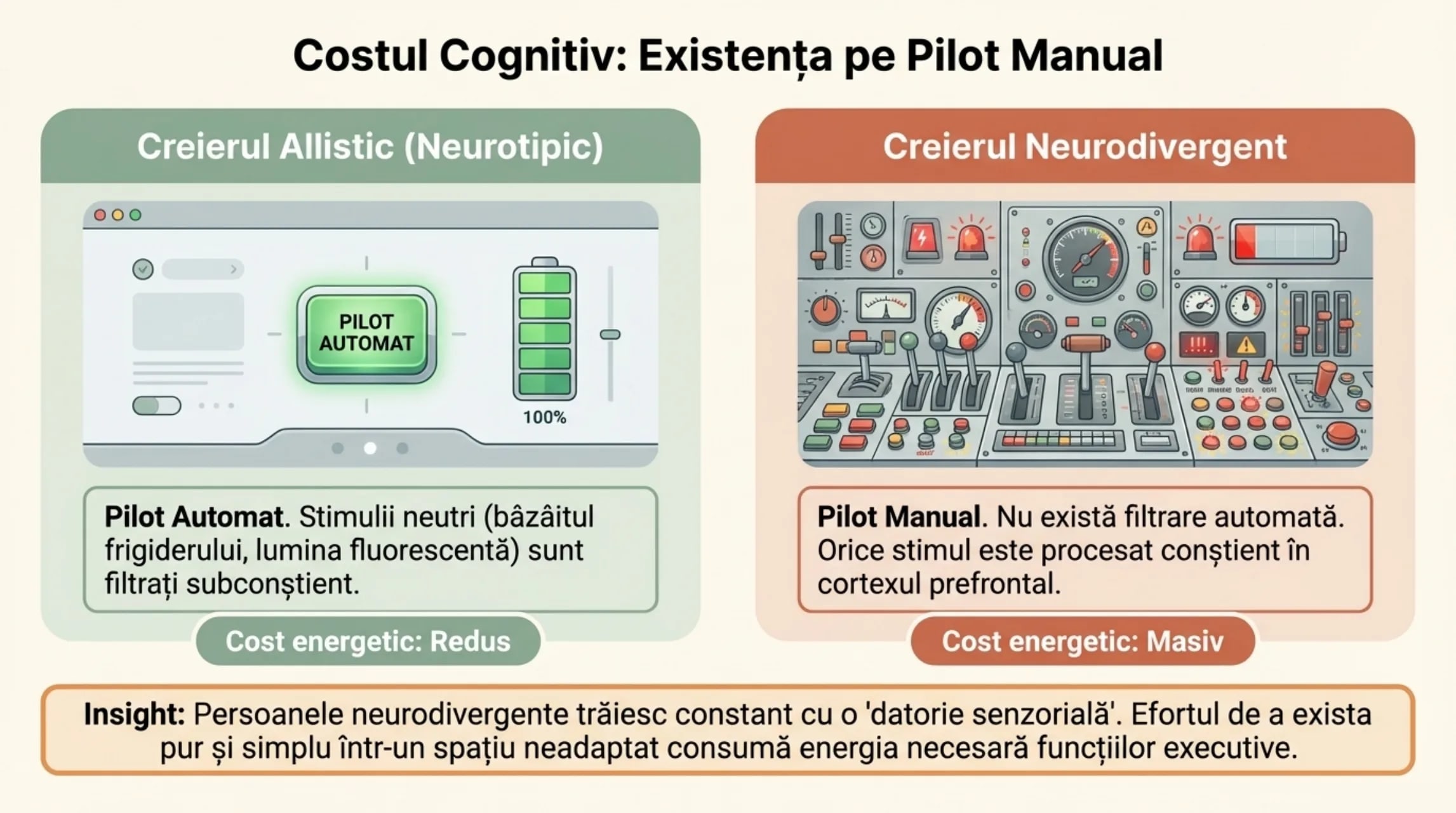 Comparatie vizuala intre creierul neurotipic pe pilot automat cu consum energetic redus si creierul neurodivergent pe pilot manual cu panou de control complex