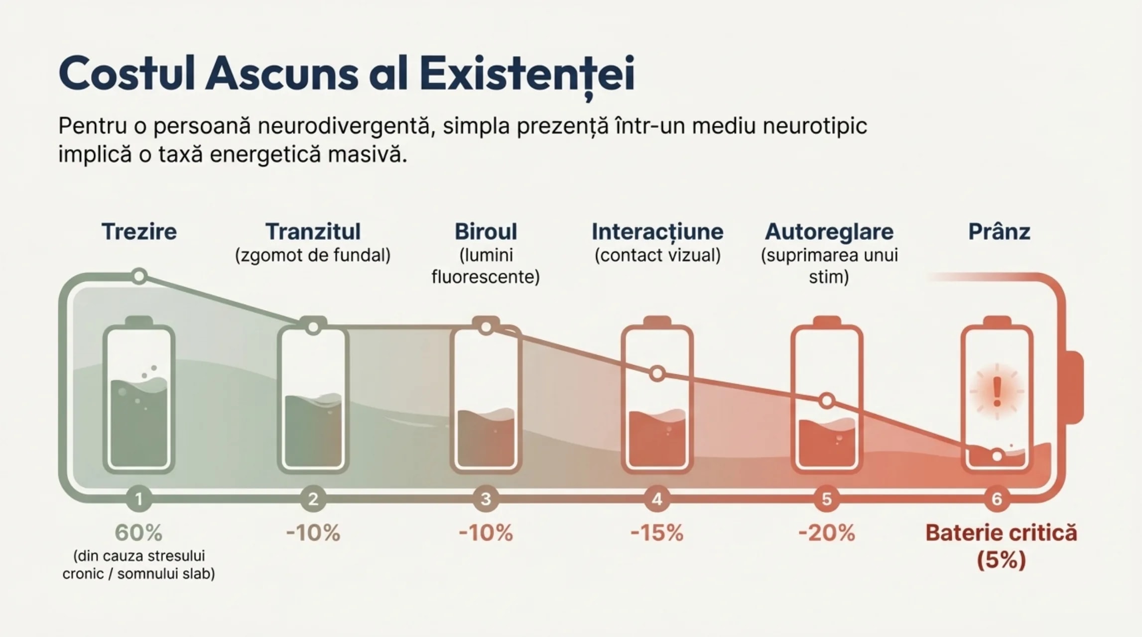 Sase baterii care se descarca progresiv de la 60% la trezire pana la 5% baterie critica la pranz, aratand costul fiecarei activitati obisnuite