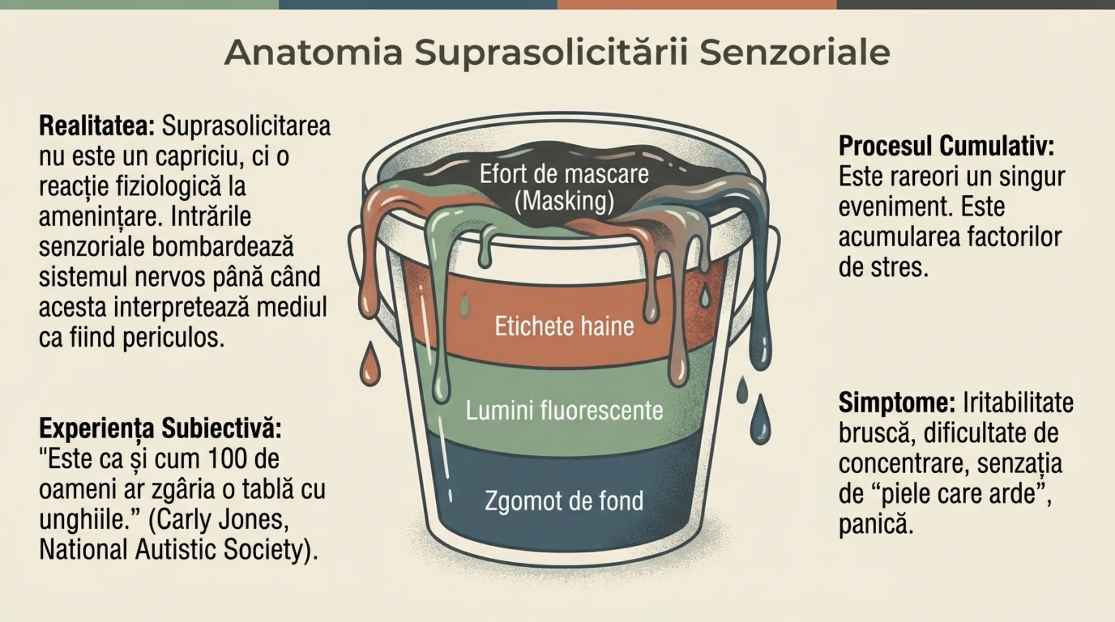 Un pahar care se umple cu straturi de stimuli senzoriali — zgomot de fond la baza, lumini fluorescente, etichete haine, efort de mascare in varf. Citat Carly Jones