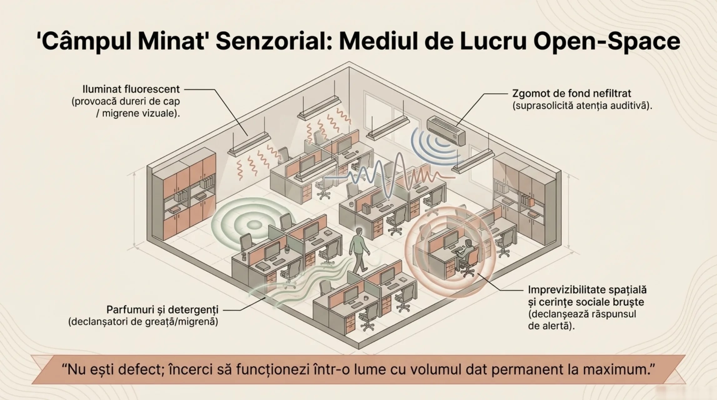 Campul Minat Senzorial: Mediul de Lucru Open-Space cu patru zone de asalt senzorial si citatul Nu esti defect, incerci sa functionezi intr-o lume cu volumul dat permanent la maximum