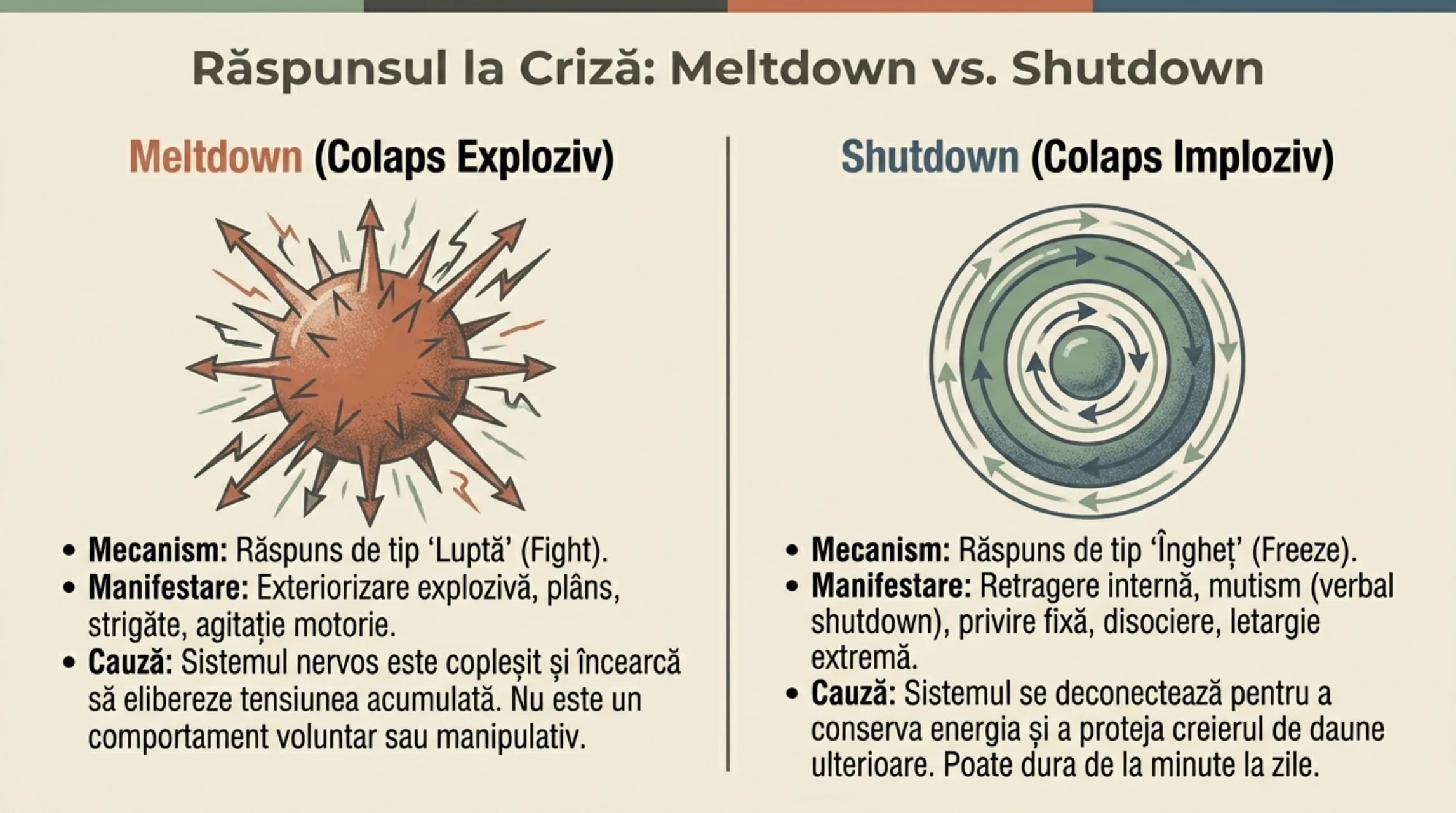 Comparatie vizuala intre meltdown (colaps exploziv, de tip lupta) si shutdown (colaps imploziv, de tip inghet, cu retragere interna si disociere)
