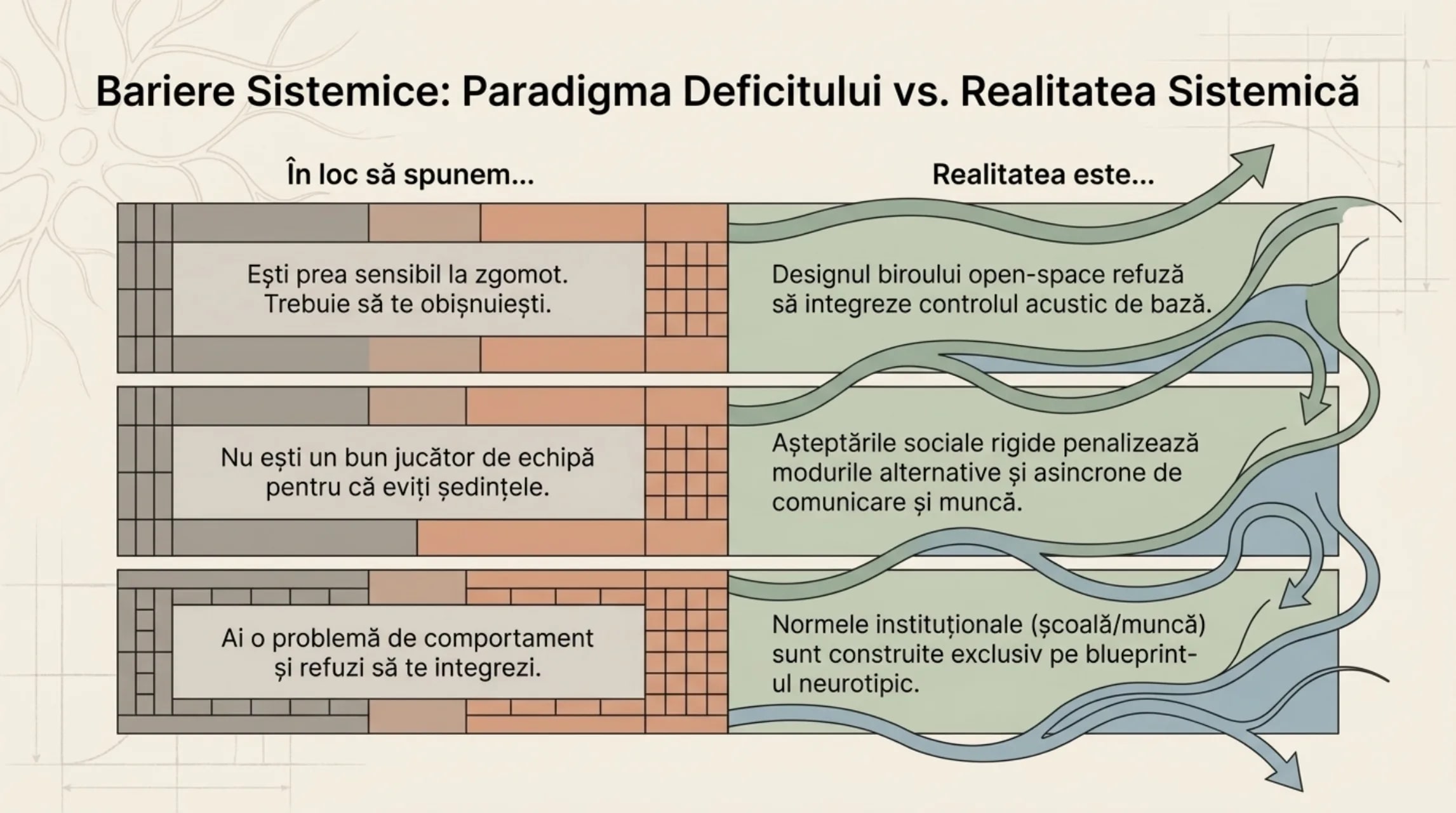 Bariere Sistemice: Paradigma Deficitului vs Realitatea Sistemica — tabel cu trei randuri care reframeaza narativul de la vina individuala la esecul mediului