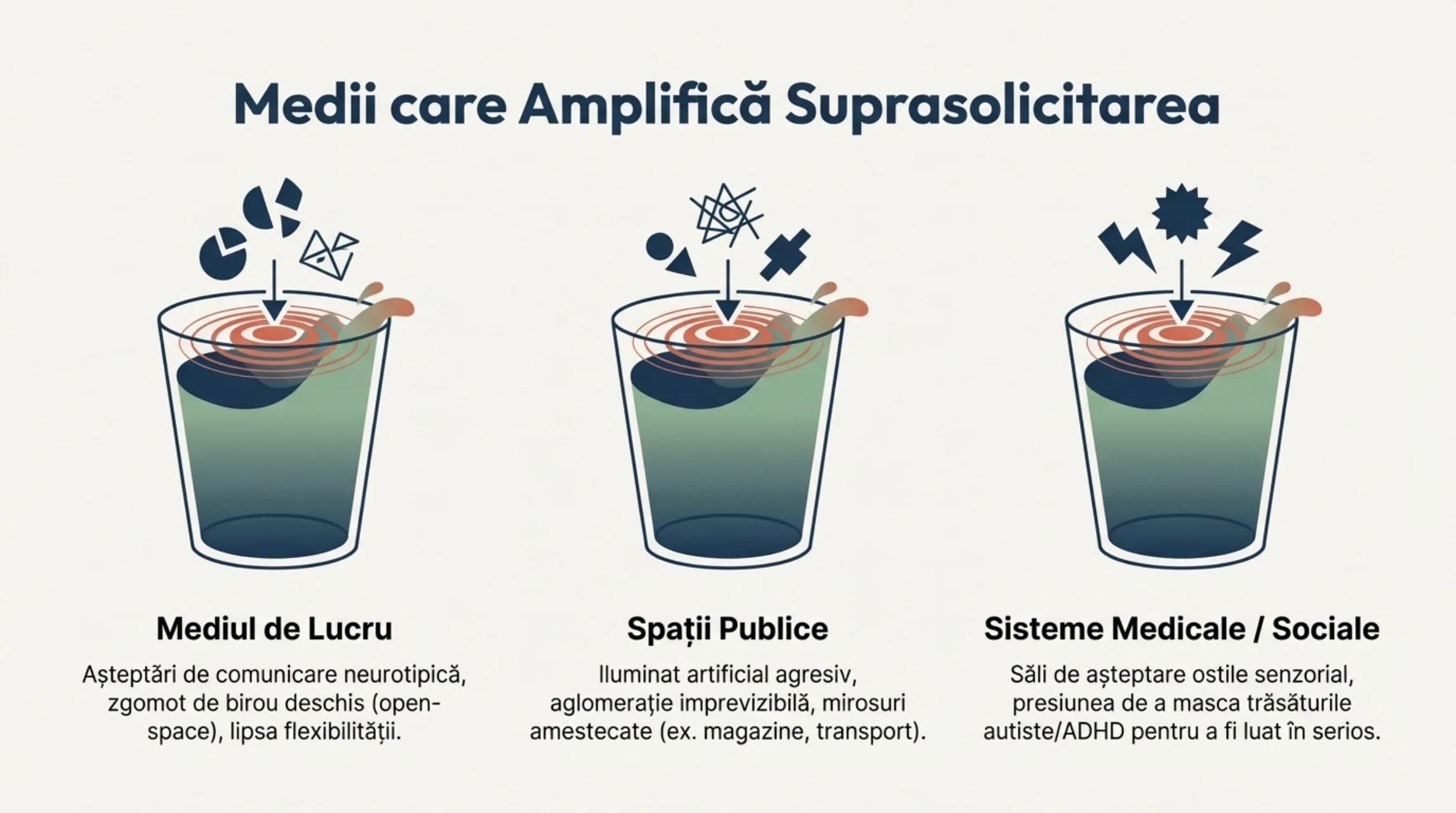 Trei pahare care se revarsa reprezentand cele trei medii ostile: Mediul de Lucru, Spatii Publice, Sisteme Medicale si Sociale