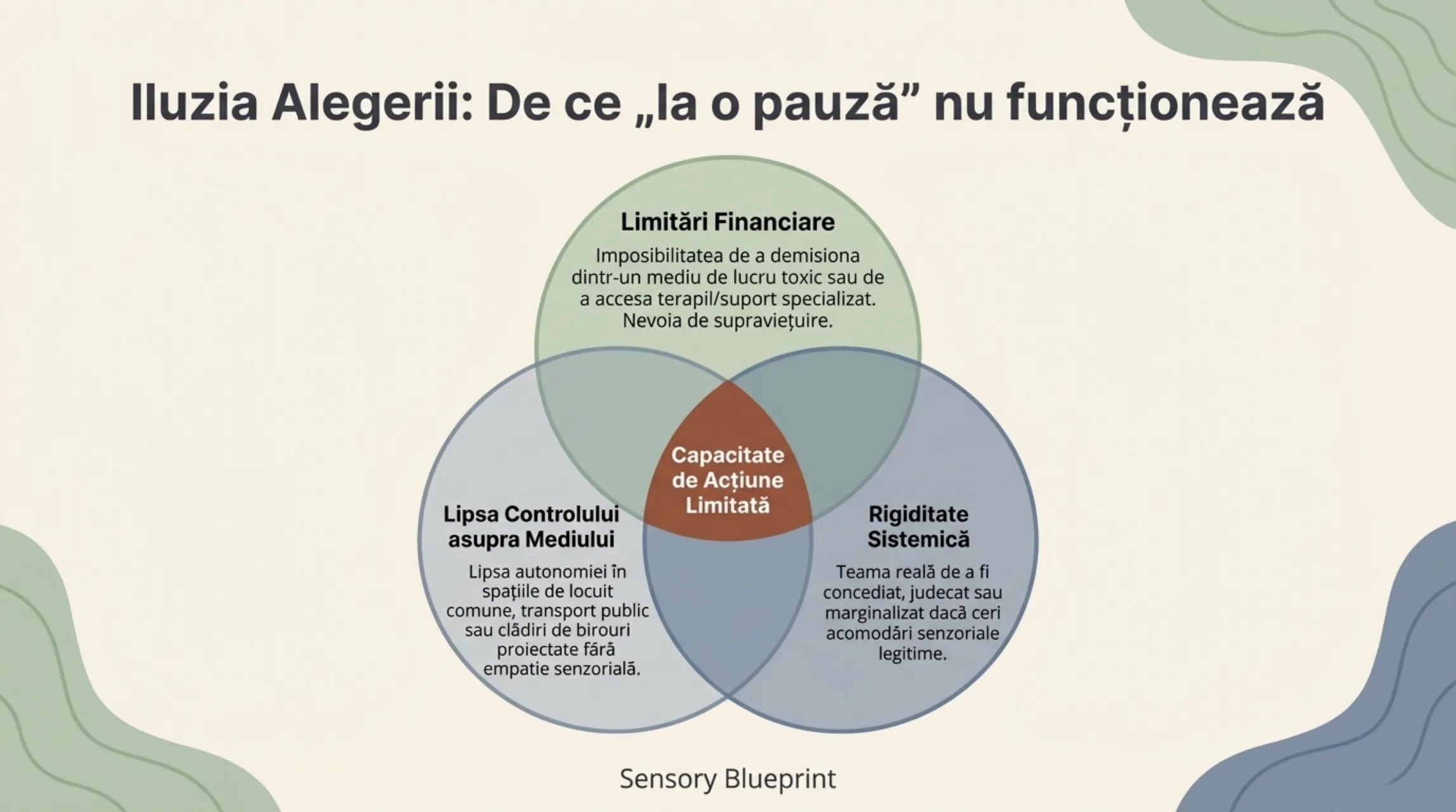 Diagrama Venn: Limitari Financiare, Rigiditate Sistemica, Lipsa Controlului asupra Mediului — cu Capacitate de Actiune Limitata in centru