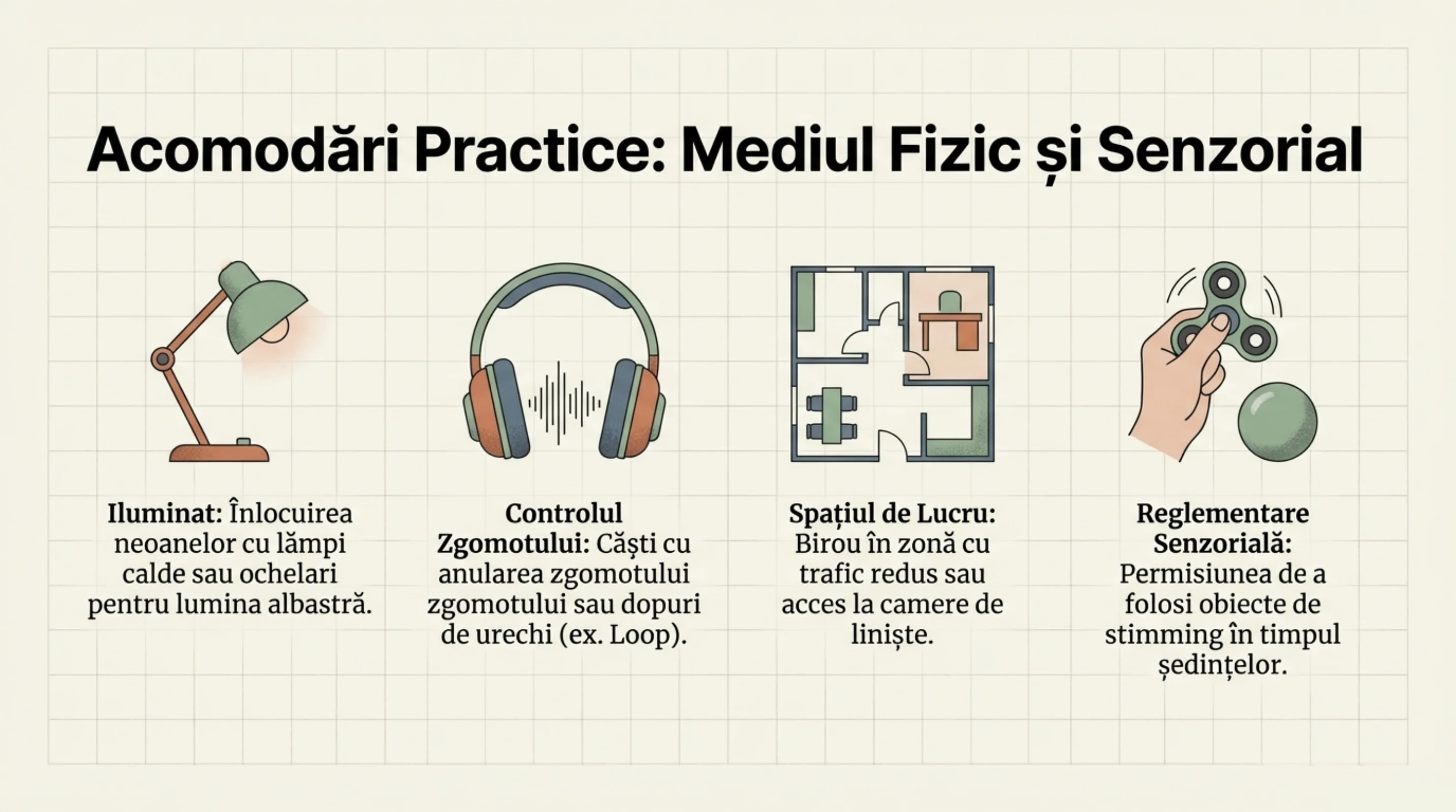 Patru domenii de acomodari practice: Iluminat, Controlul Zgomotului, Spatiul de Lucru, Reglementare Senzoriala