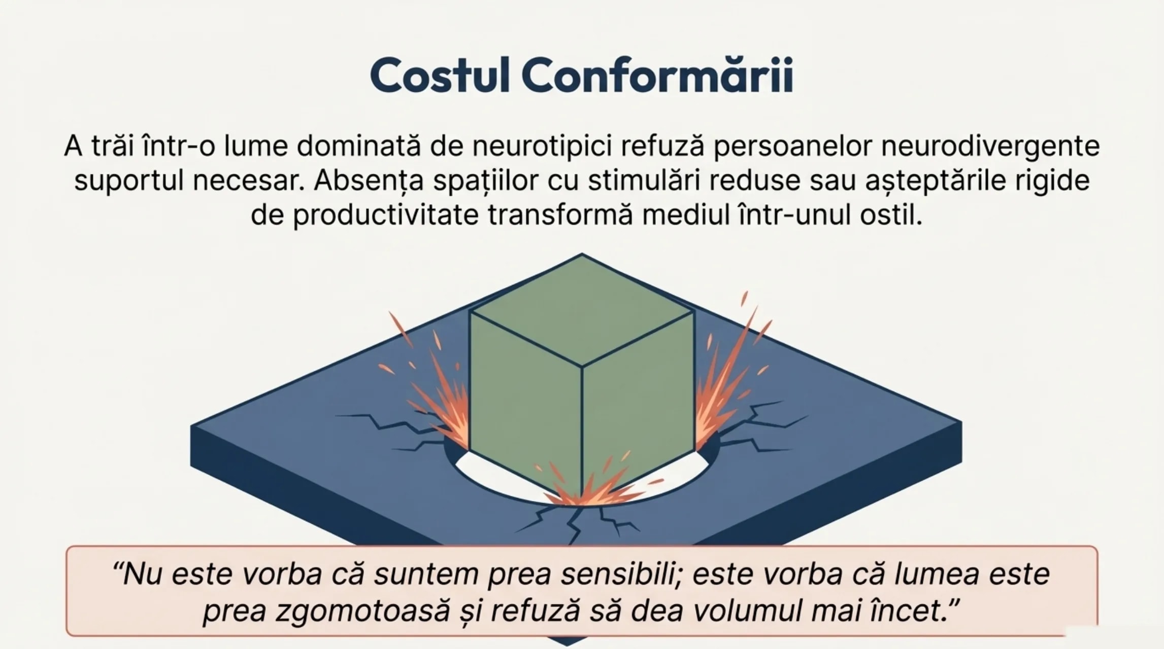 Un cub verde fortat printr-o gaura rotunda, cu scantei de frecare. Citatul: Nu este vorba ca suntem prea sensibili. Este vorba ca lumea este prea zgomotoasa si refuza sa dea volumul mai incet.