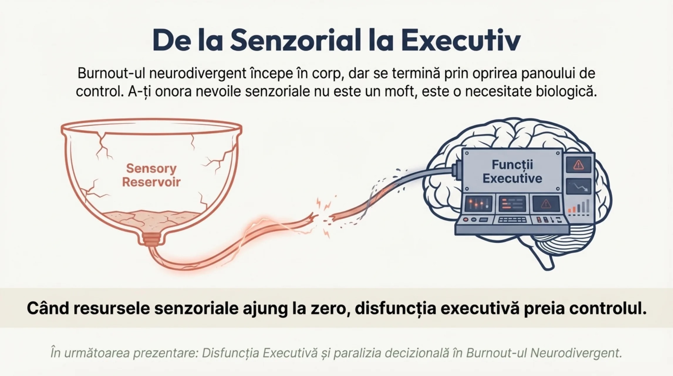 Cracked Sensory Reservoir connected to the Executive Functions panel — when sensory resources reach zero, executive dysfunction takes over