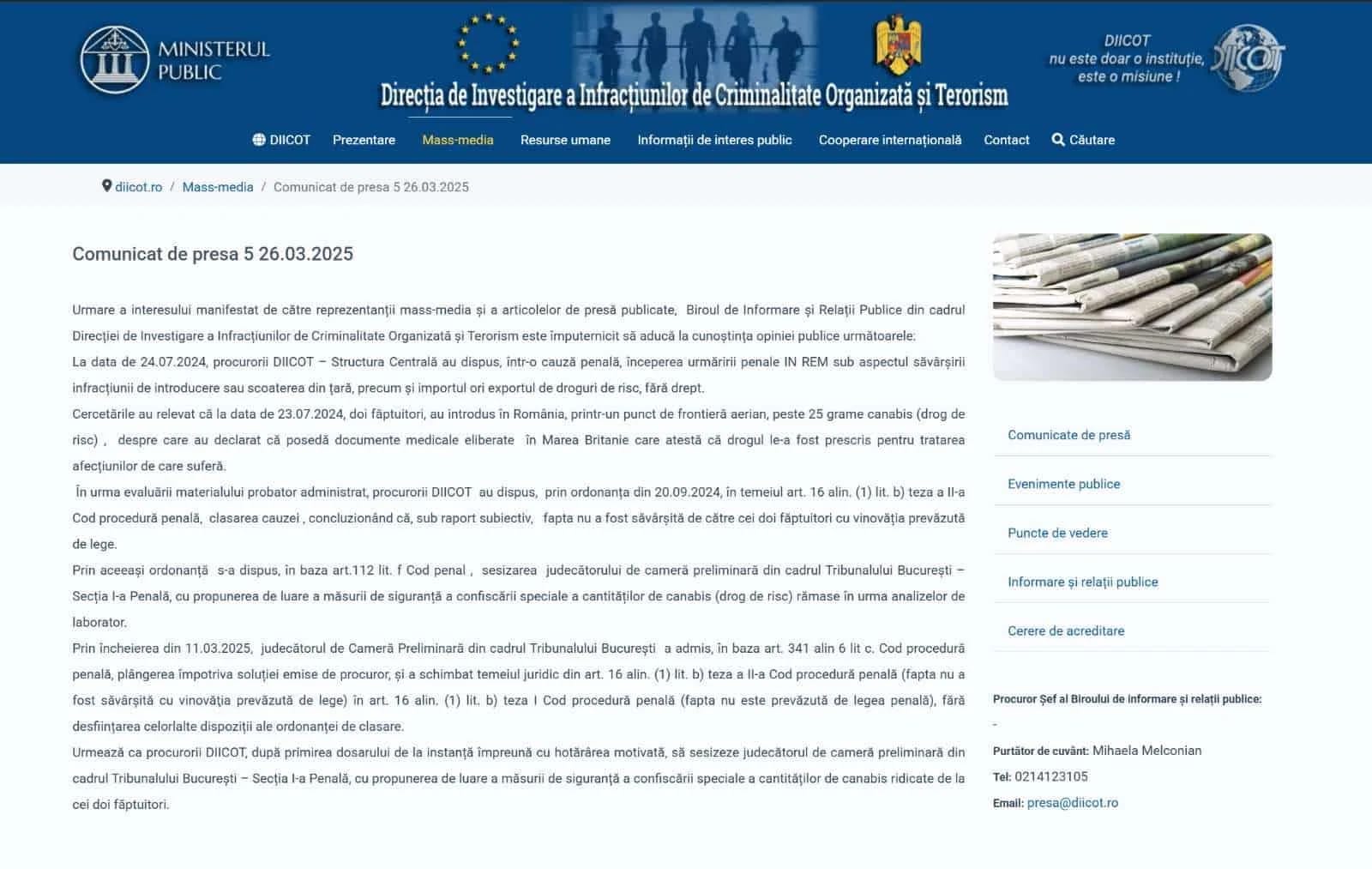 DIICOT official press release, 2025