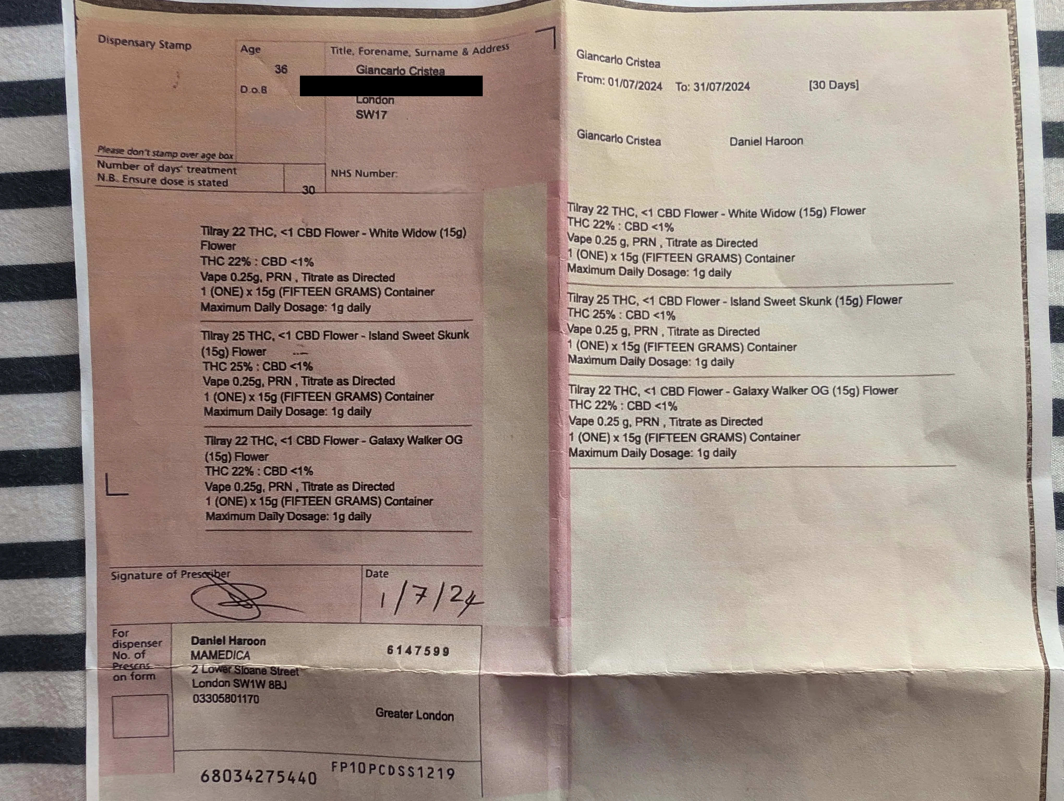 Valid UK prescription for medical cannabis, July 2024
