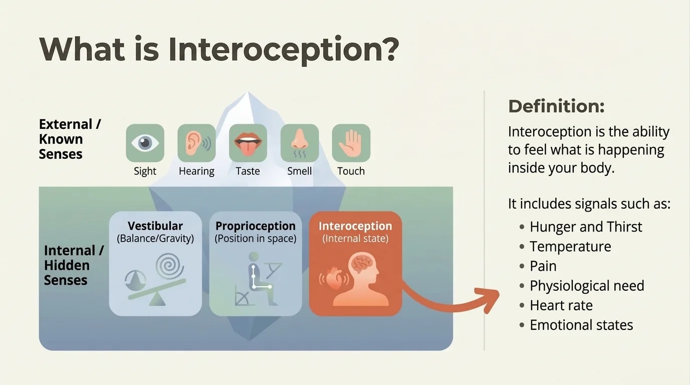 What Is Interoception? Diagram of external and internal senses — Vestibular, Proprioception, Interoception