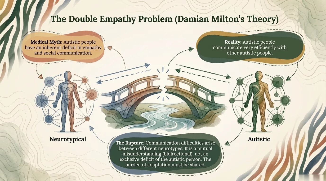 The Double Empathy Problem — Damian Milton's theory. Illustration of a bridge between neurotypical and autistic, showing that communication difficulty is bidirectional