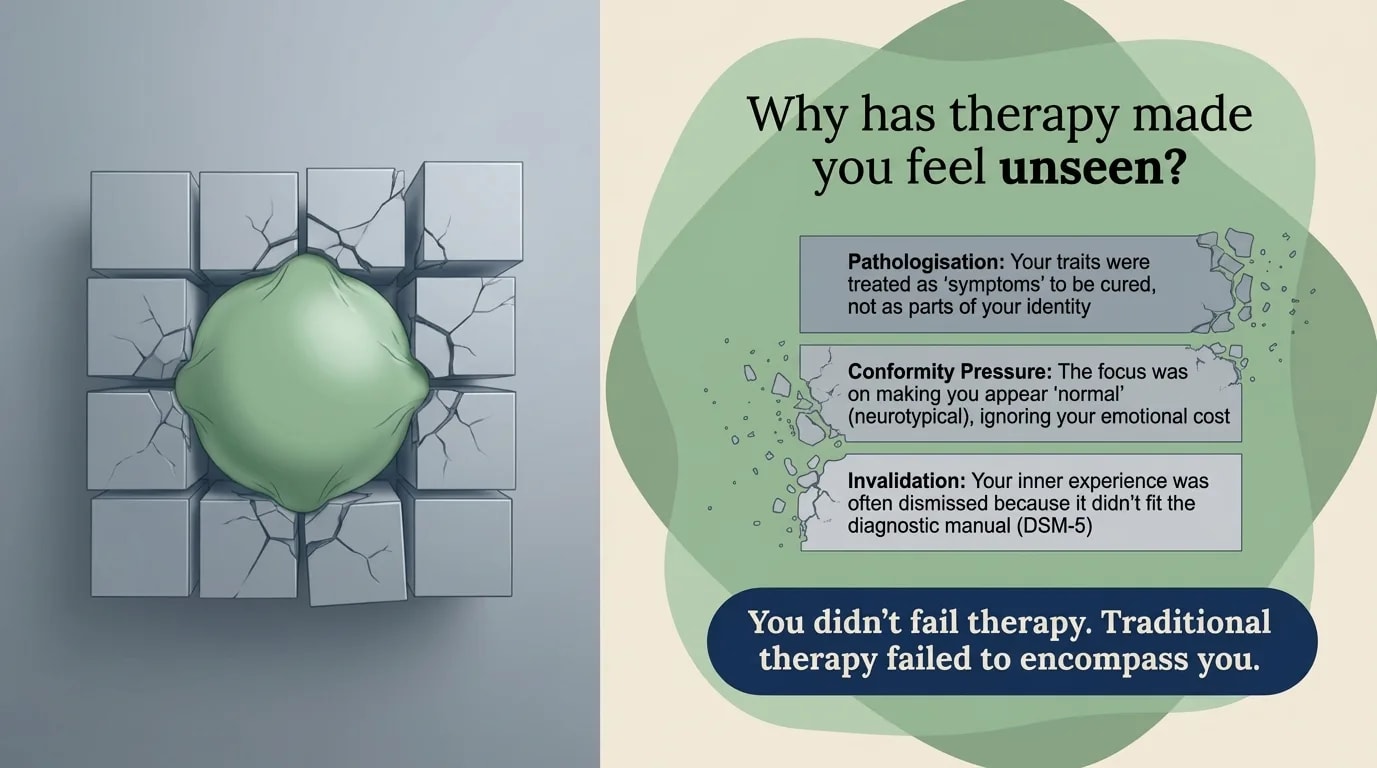 Why therapy made you feel unseen — pathologising, conformity pressure, invalidation — You didn't fail therapy