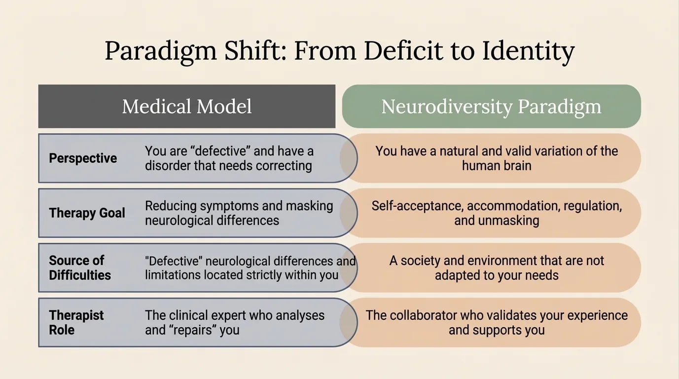 The Paradigm Shift: From Deficit to Identity — comparison table between the Medical Model and the Neurodiversity Paradigm