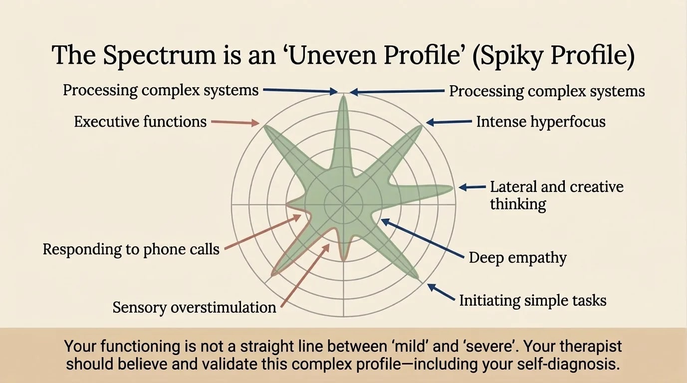 The Spectrum Is a Spiky Profile — radar chart showing the enormous variability in neurodivergent functioning